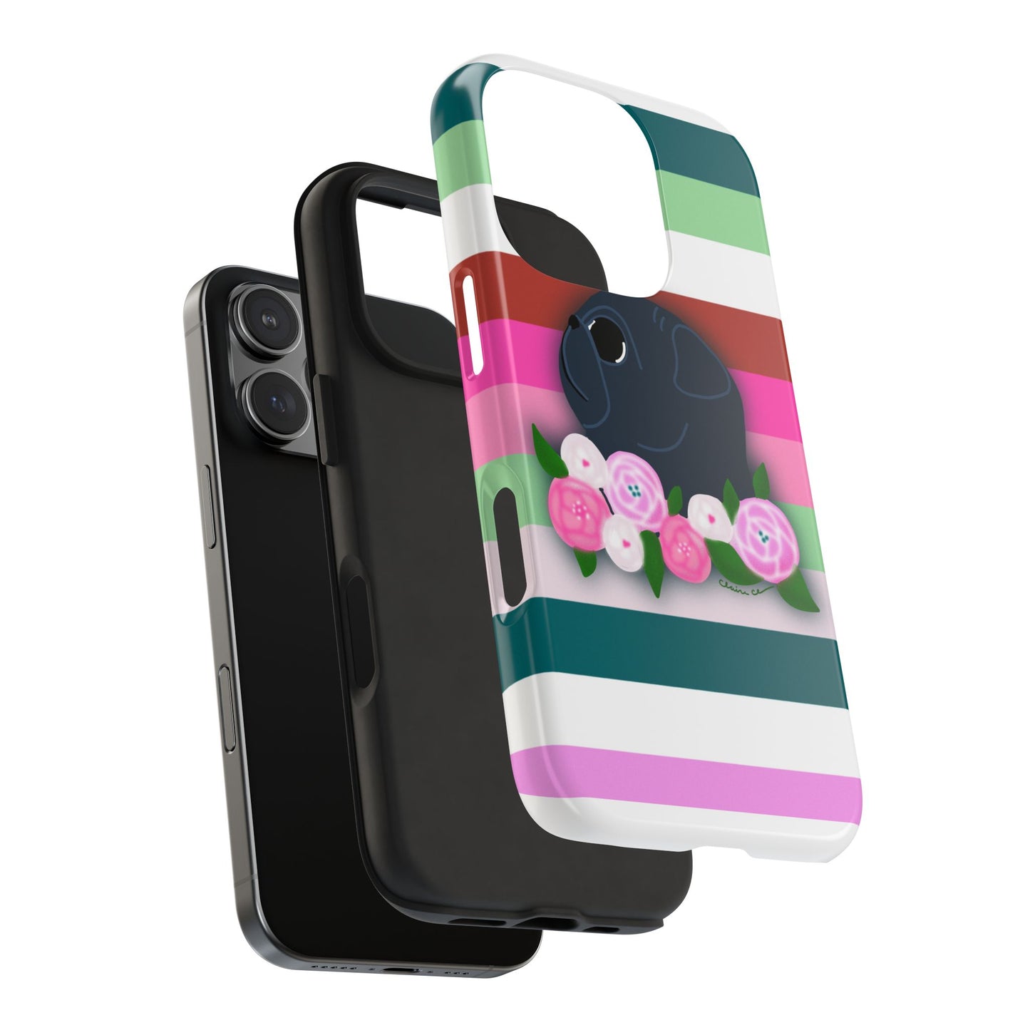 Floral Stripe Black Pug - Tough Phone Cases