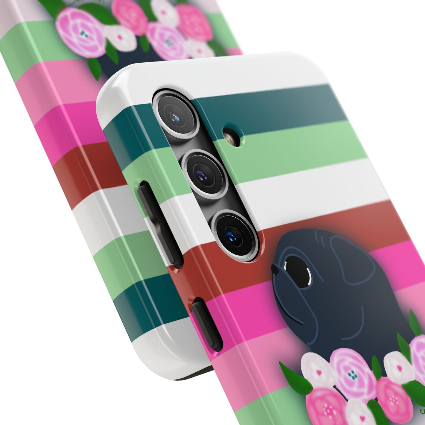Floral Stripe Black Pug - Tough Phone Cases