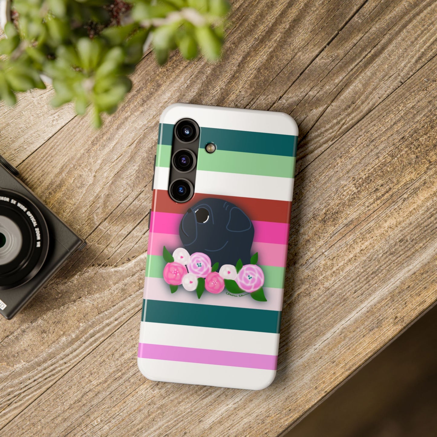 Floral Stripe Black Pug - Tough Phone Cases