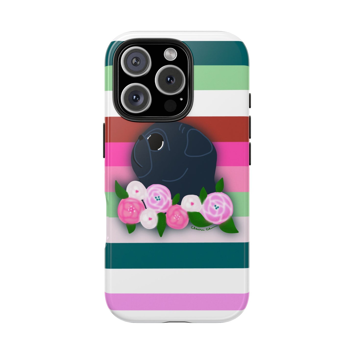 Floral Stripe Black Pug - Tough Phone Cases
