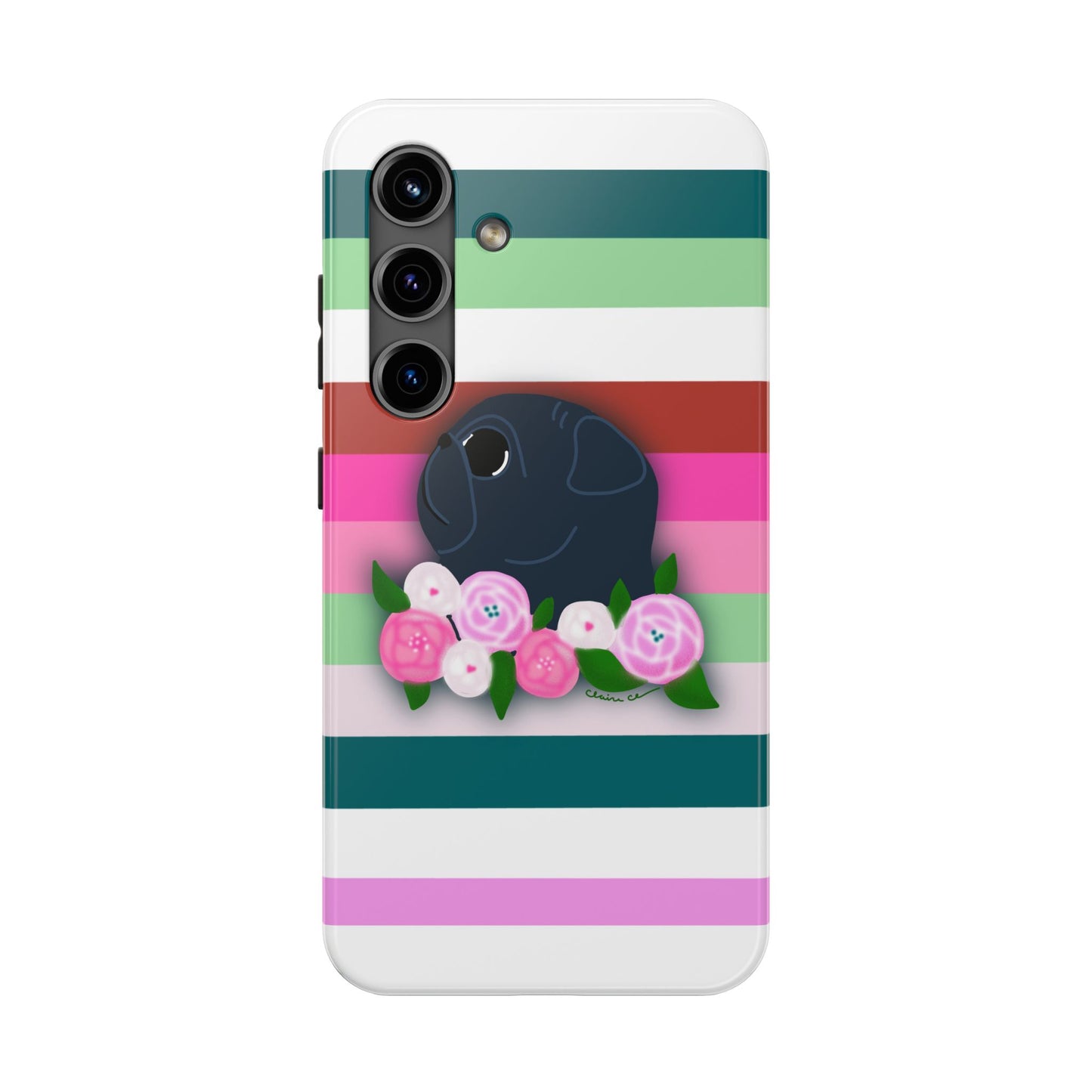 Floral Stripe Black Pug - Tough Phone Cases