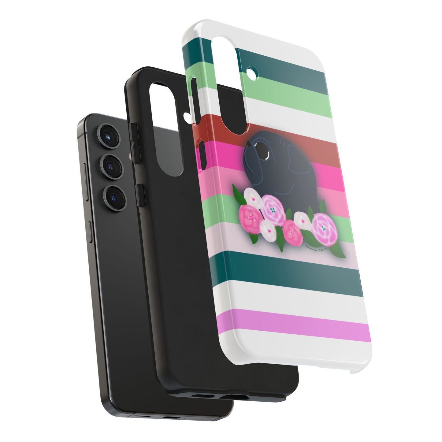 Floral Stripe Black Pug - Tough Phone Cases