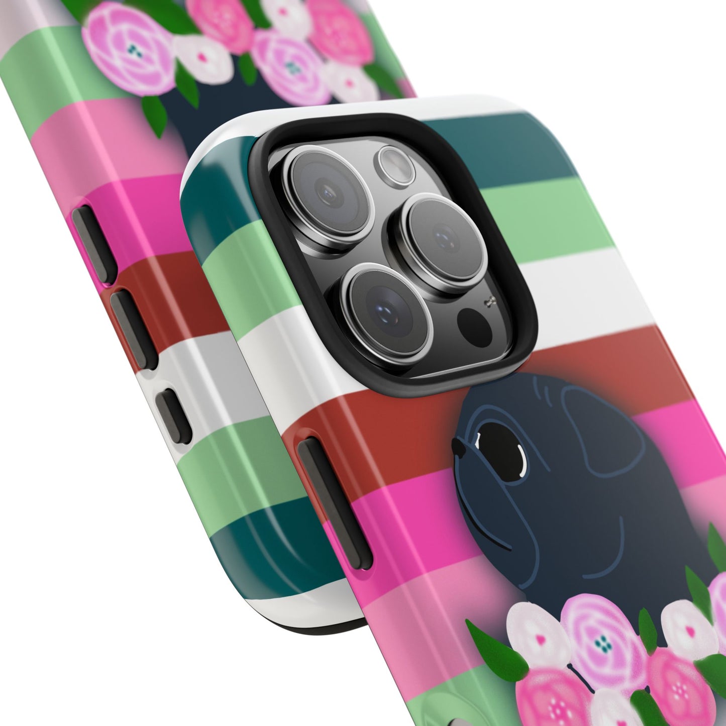 Floral Stripe Black Pug - Tough Phone Cases