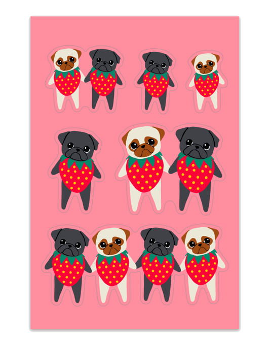 Strawberry Pugs - Vinyl Sticker Sheet