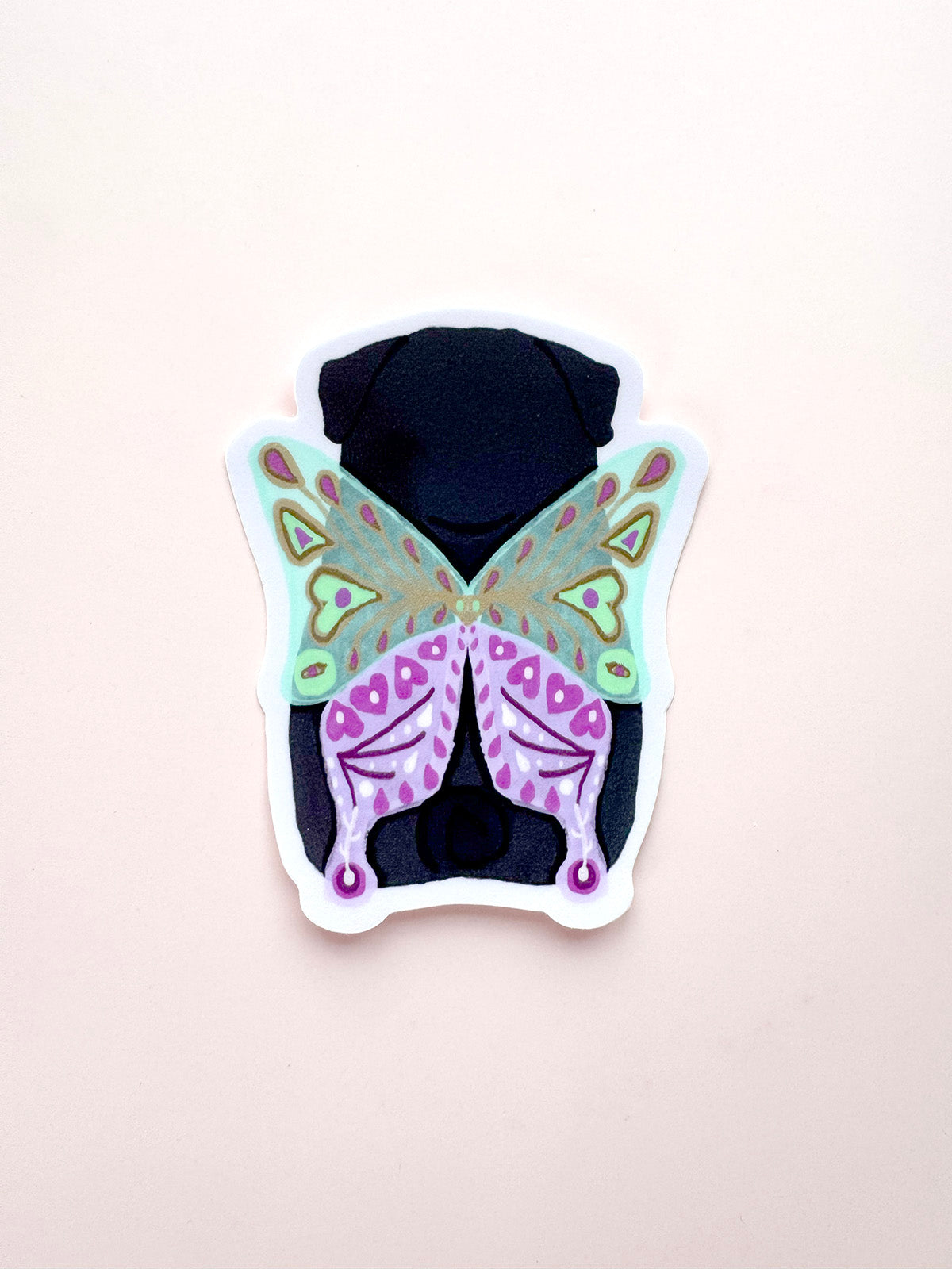 Chubby Butterfly - Black Pug - Whimsical Pug Vinyl Sticker