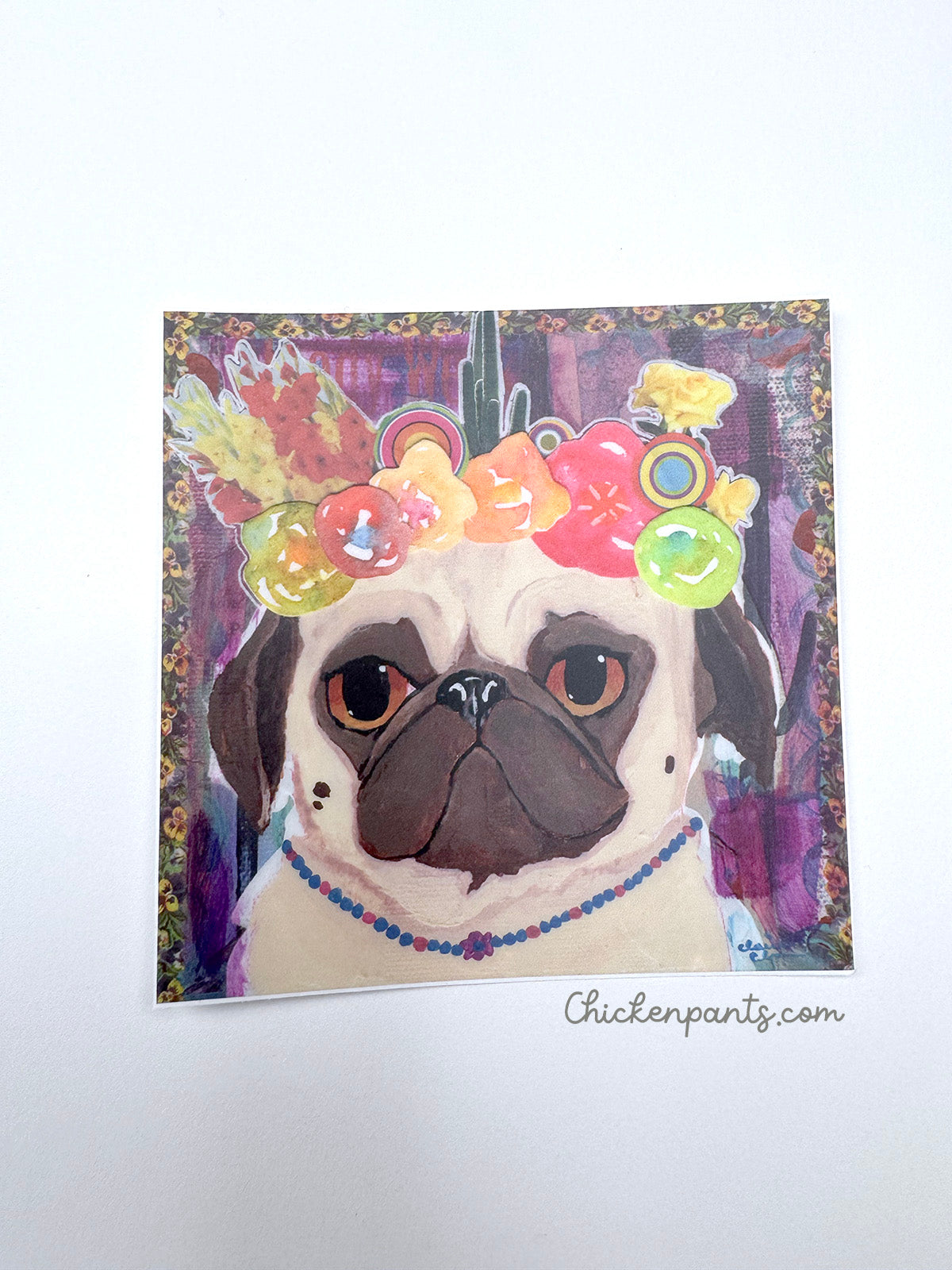 Desert Flower Crown Pug - Pug Vinyl Sticker - Pug With Flower Crown