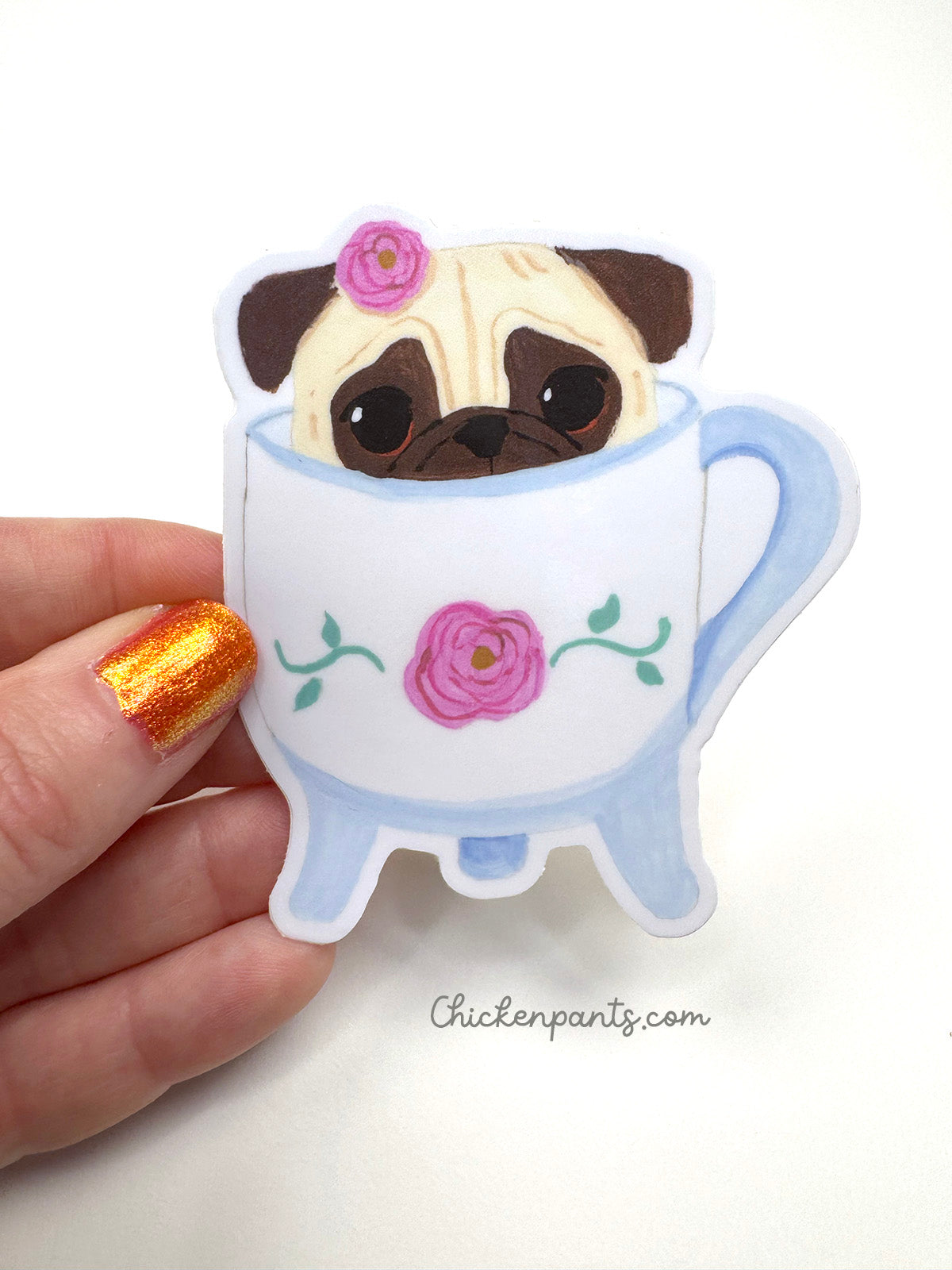 Teacup Pug - Pug Vinyl Sticker - Pug In A Teacup