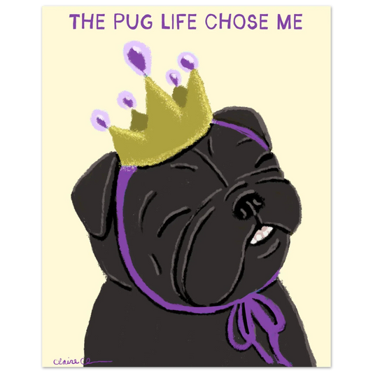 Picture of a black pug wearing a crown