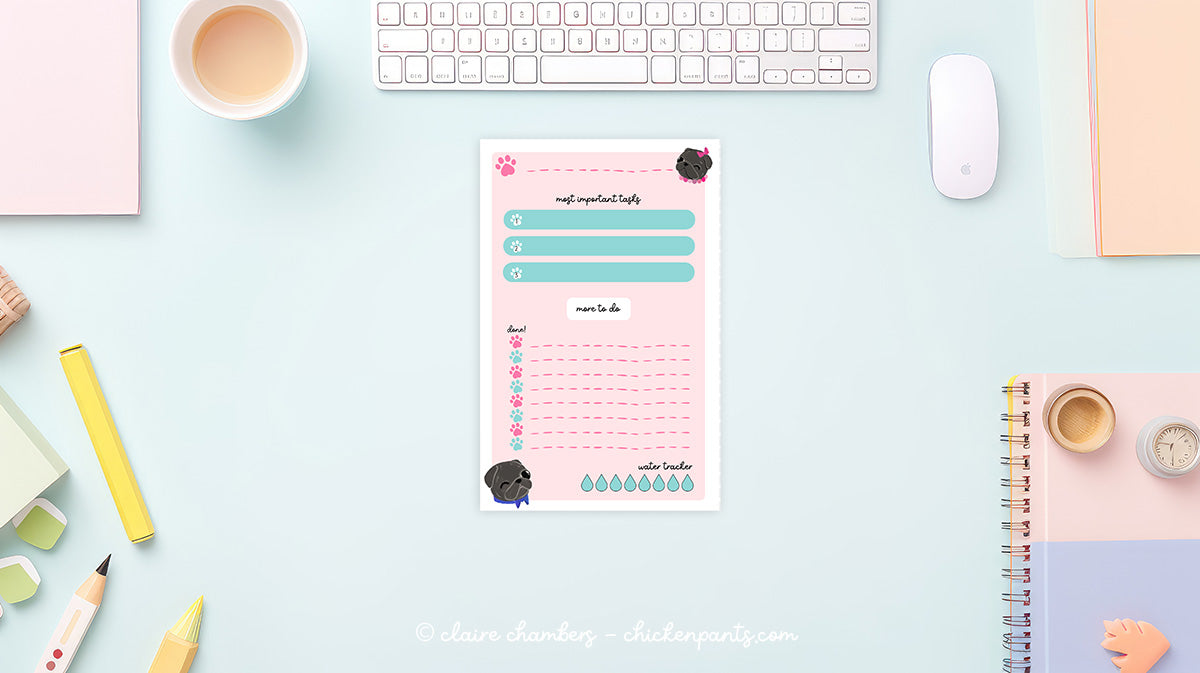 Black Pug Daily Planner Sheet - Instantly Downloadable Printable