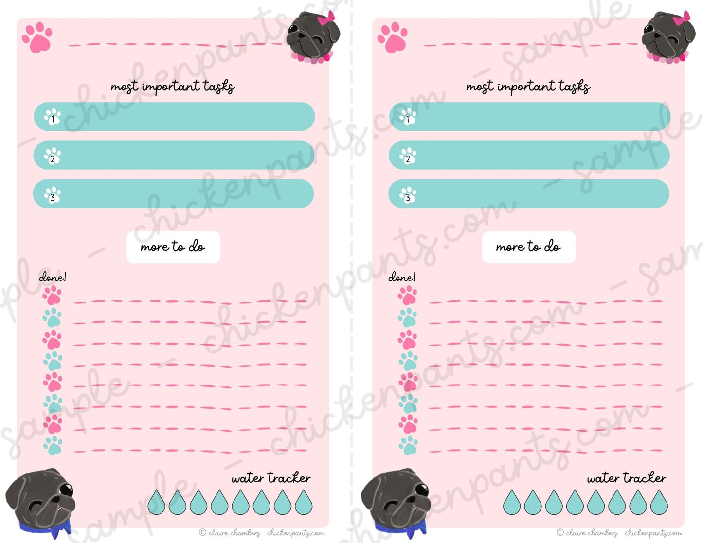 Black Pug Daily Planner Sheet - Instantly Downloadable Printable