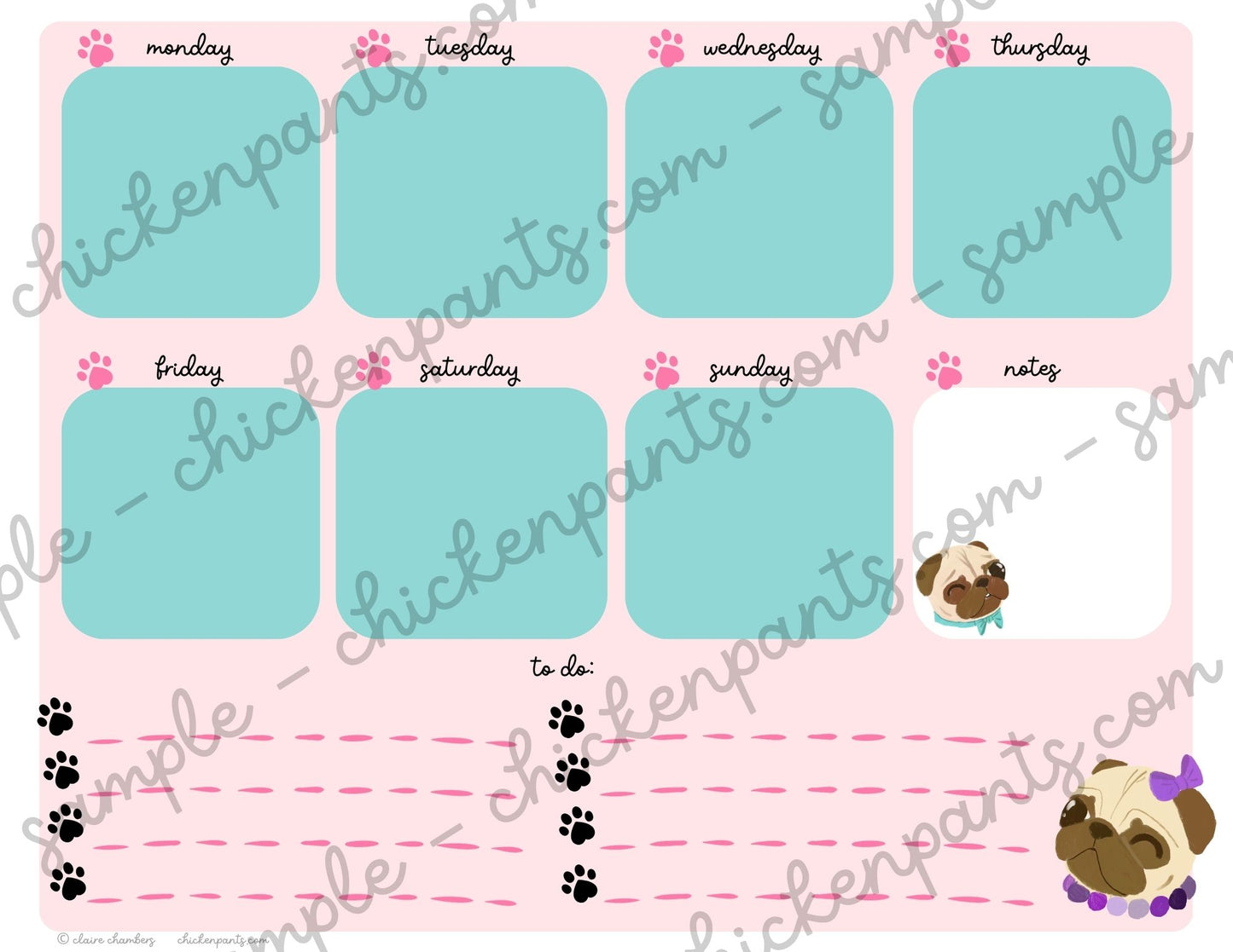 Fawn Pug Weekly Planner Sheet - Instantly Downloadable Printable