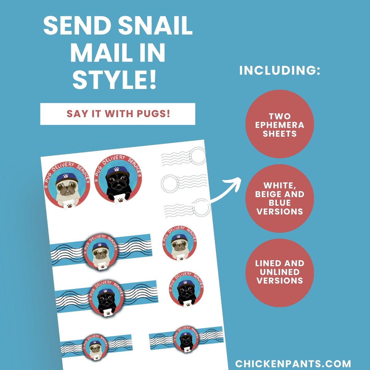 Pug Delivery Service Stationery Kit -  Printable Instant Download