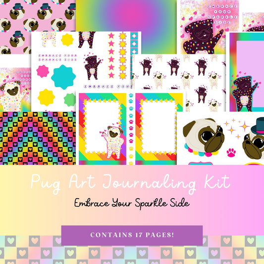 Sparkle Side Pug Art Junk Journaling Kit -  Printable Instant Download