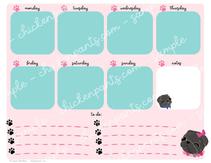 Black Pug Weekly Planner Sheet - Instantly Downloadable Printable