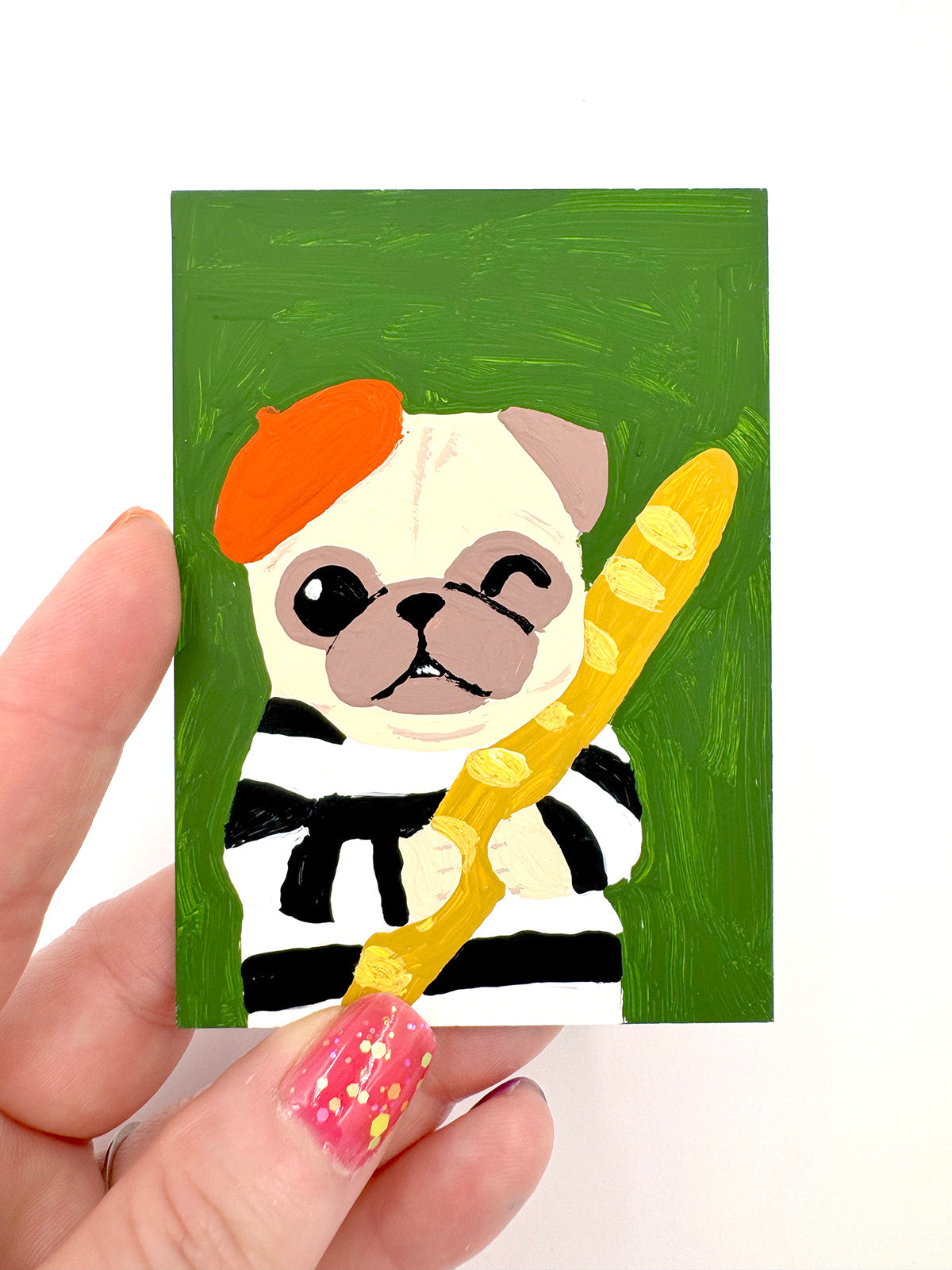Oui Oui Baguette - Original Pug Painting - 100 Paintings Unleashed no. 41