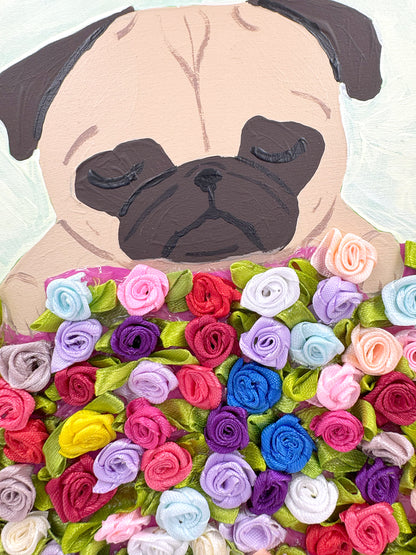 Bed of Roses - Original Pug Painting - 100 Paintings Unleashed no. 14