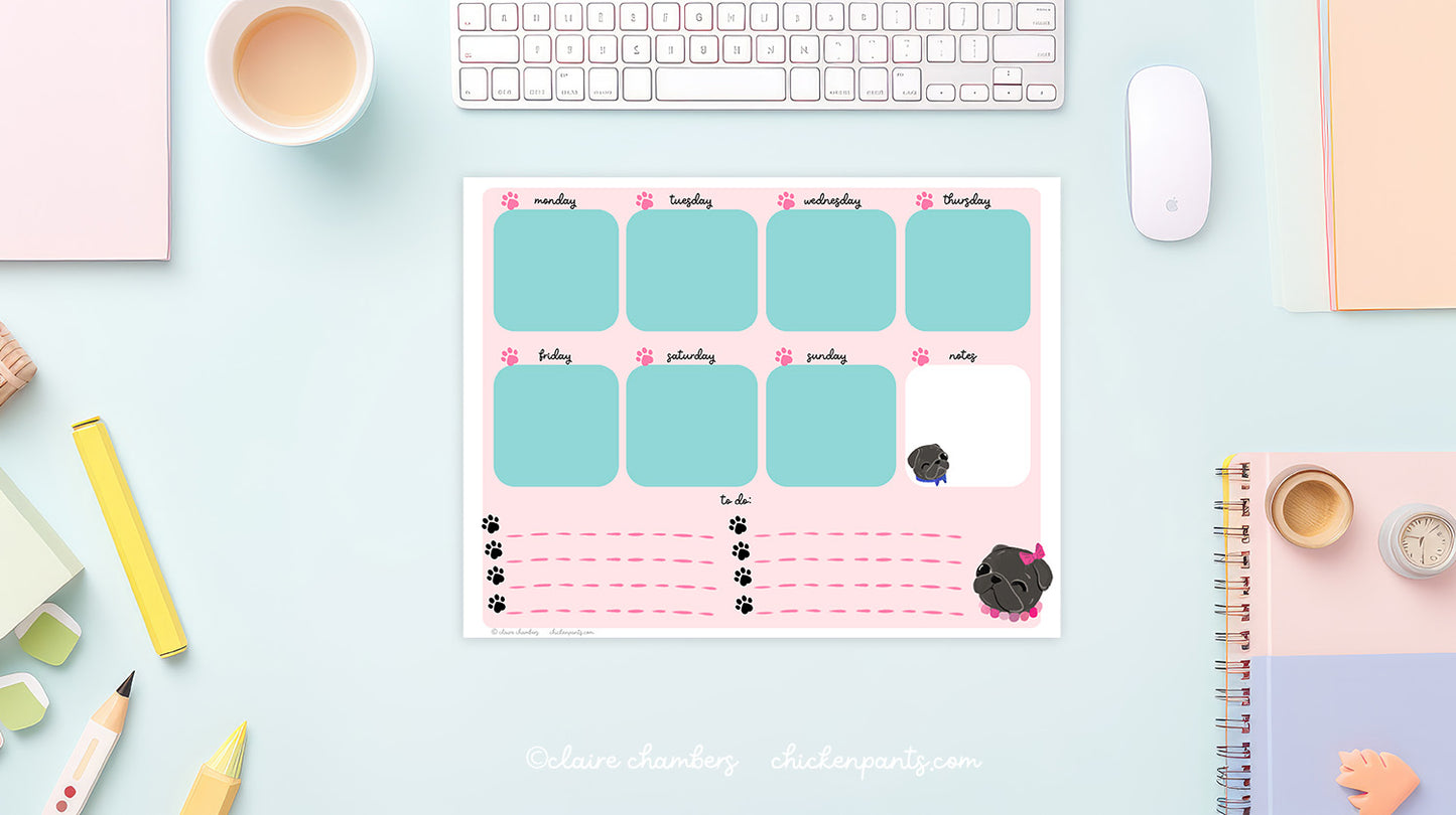 Black Pug Weekly Planner Sheet - Instantly Downloadable Printable