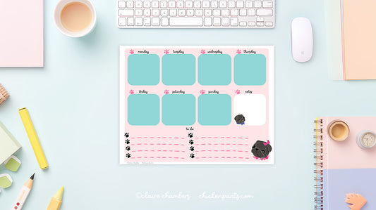 Black Pug Weekly Planner Sheet - Instantly Downloadable Printable