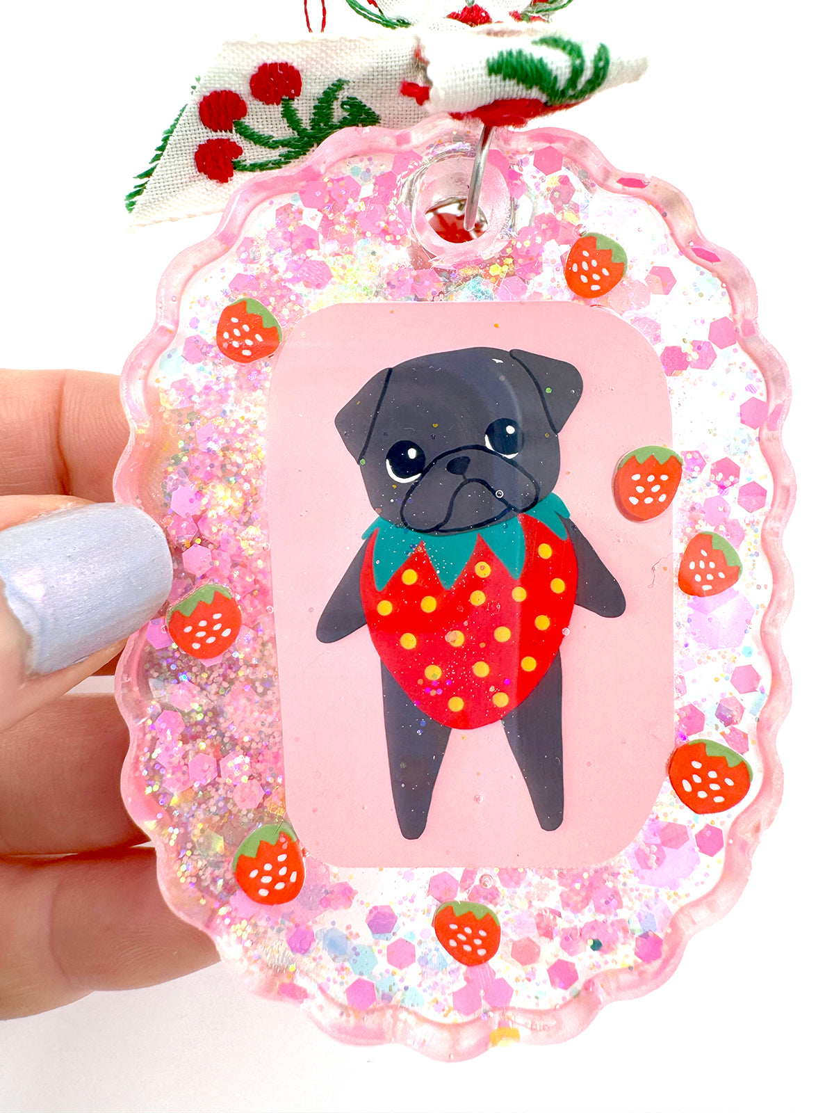 Pug Bag Charm - Strawberry Pug - Black Pug