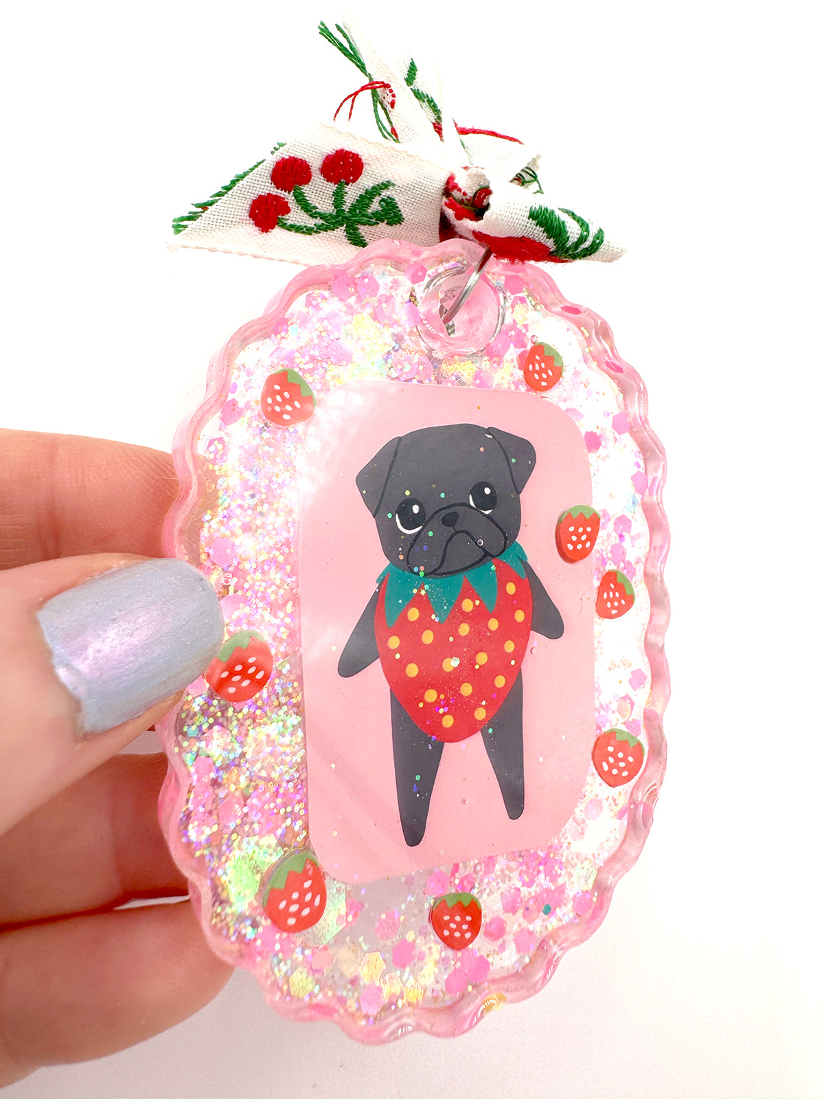 Pug Bag Charm - Strawberry Pug - Black Pug