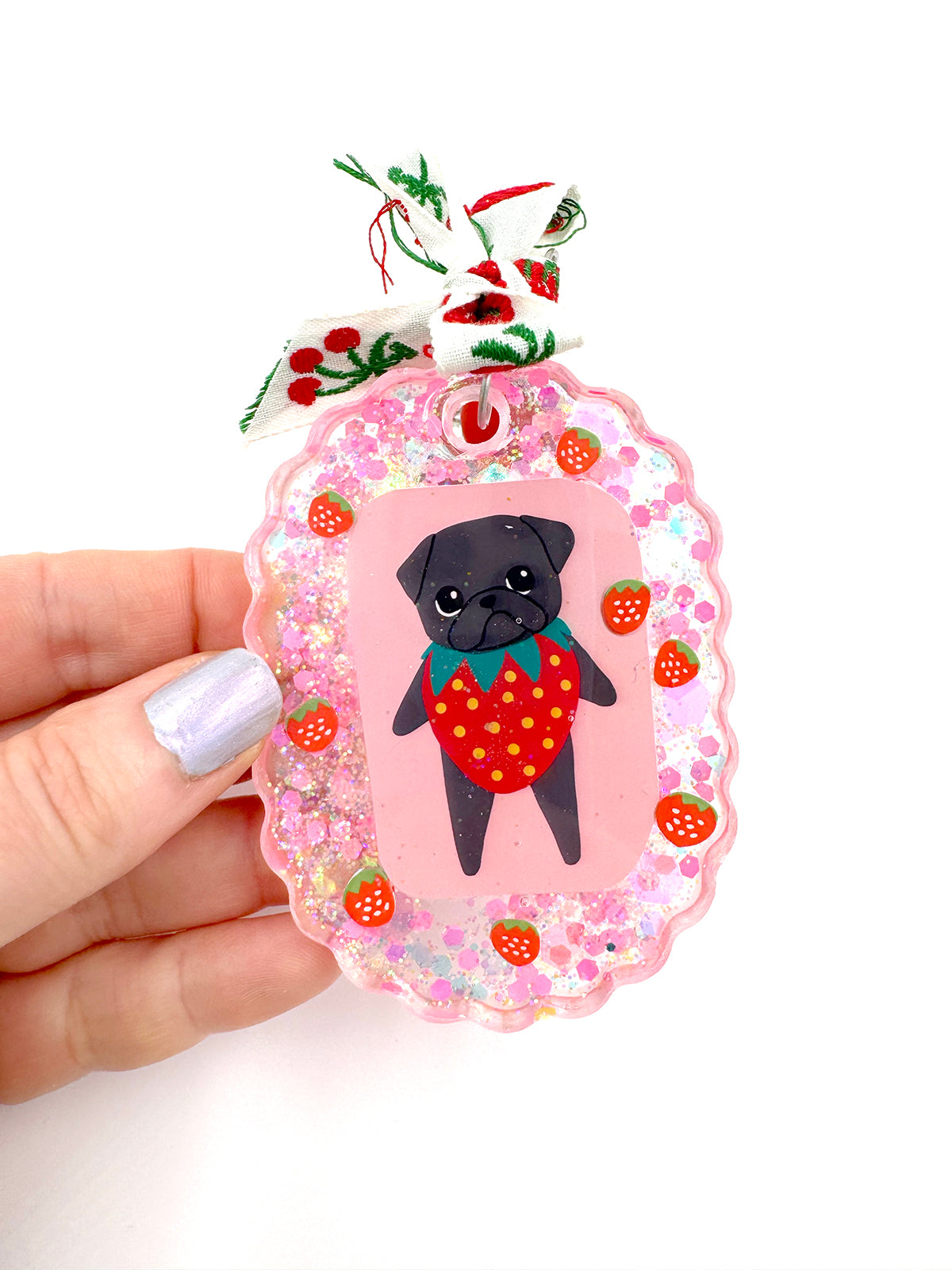 Pug Bag Charm - Strawberry Pug - Black Pug