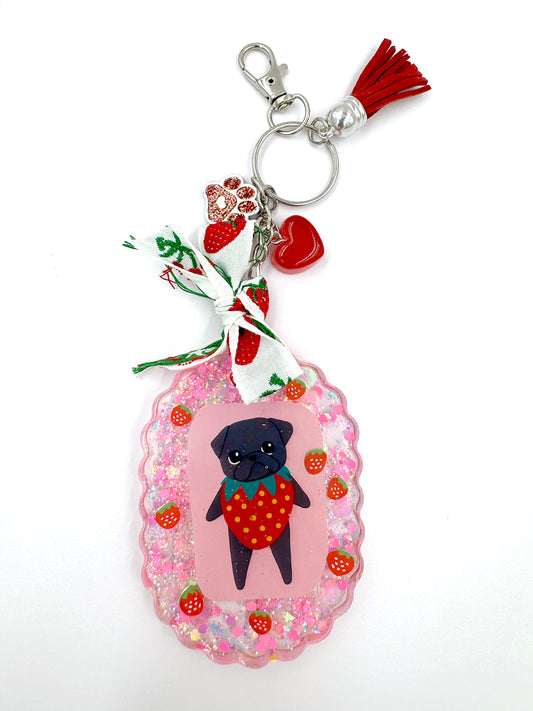 Pug Bag Charm - Strawberry Pug - Black Pug
