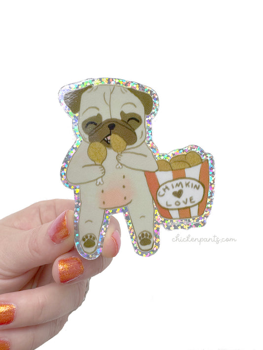 Chimkin Love - Holographic Pug Vinyl Sticker - Pug With Fried Chicken