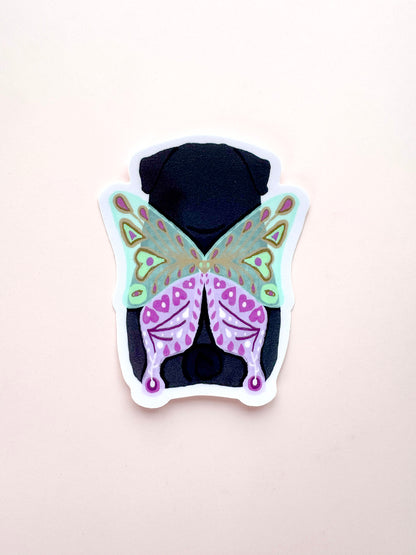 Chubby Butterfly - Black Pug - Whimsical Pug Vinyl Sticker