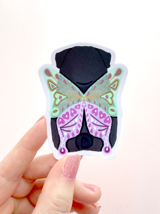 Chubby Butterfly - Black Pug - Whimsical Pug Vinyl Sticker