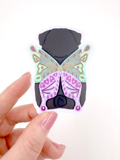 Chubby Butterfly - Black Pug - Whimsical Pug Vinyl Sticker