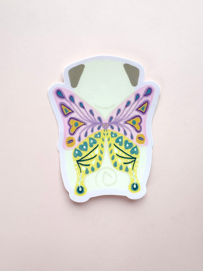 Chubby Butterfly - Fawn Pug - Whimsical Pug Vinyl Sticker