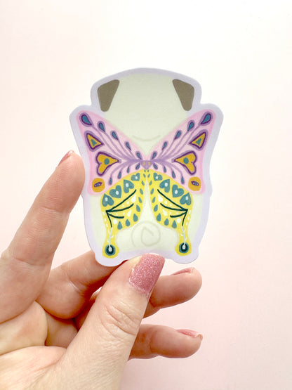 Chubby Butterfly - Fawn Pug - Whimsical Pug Vinyl Sticker