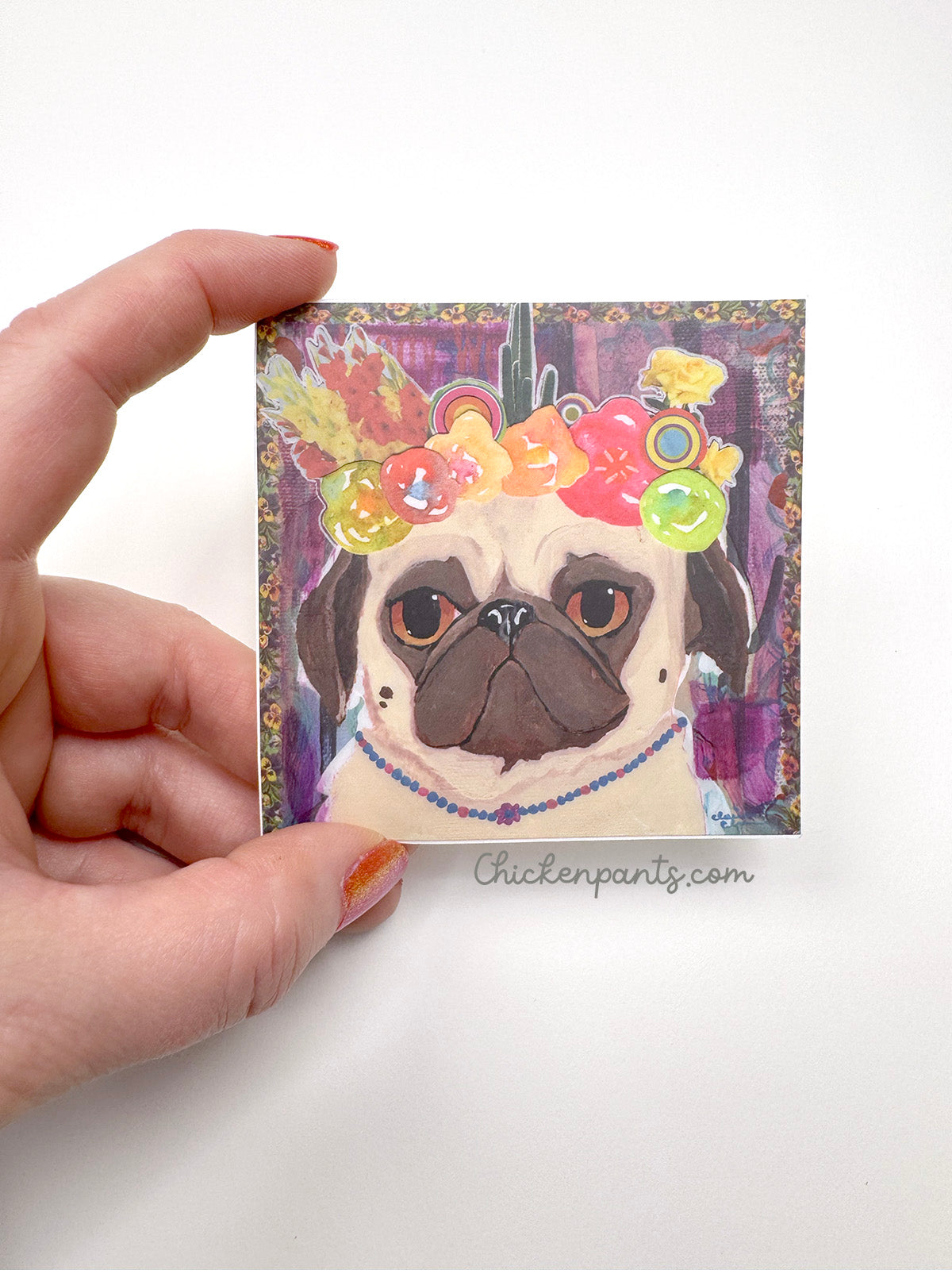 Desert Flower Crown Pug - Pug Vinyl Sticker - Pug With Flower Crown
