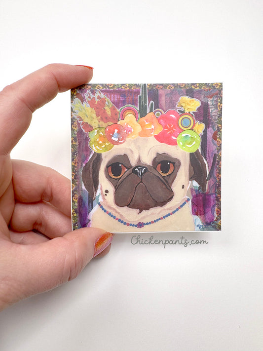 Desert Flower Crown Pug - Pug Vinyl Sticker - Pug With Flower Crown