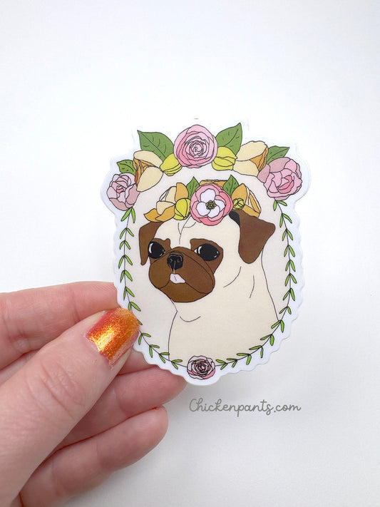 Floral Pug - Pug Vinyl Sticker - Pug In A Floral Wreath
