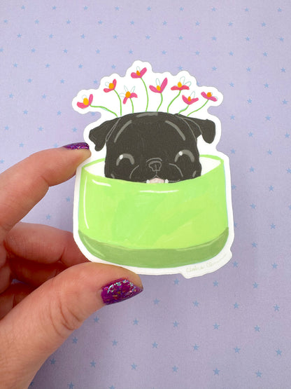 Planter Pug - Black Pug - Cute Pug Vinyl Sticker