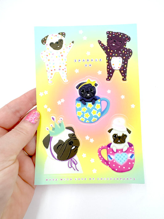 Sparkle On Pugs - Vinyl Sticker Sheet