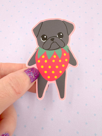 Strawberry Pug - Black Pug - Cute Pug Vinyl Sticker