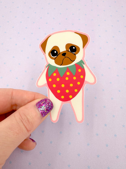 Strawberry Pug - Fawn Pug - Cute Pug Vinyl Sticker