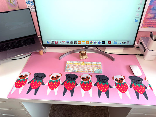 Strawberry Pugs Gaming Mouse Pad - Cute Desk Decor Featuring Strawpuggies