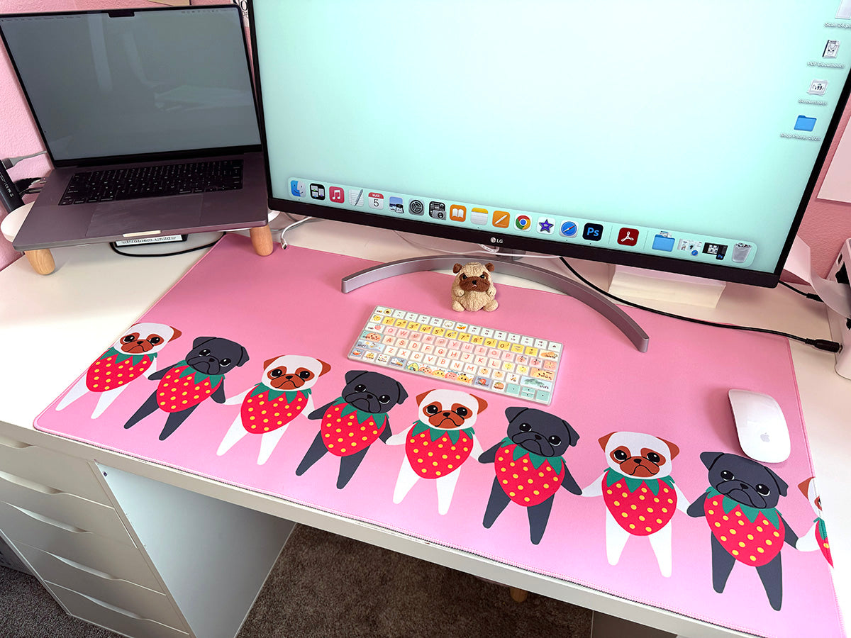 Strawberry Pugs Gaming Mouse Pad - Cute Desk Decor Featuring Strawpuggies