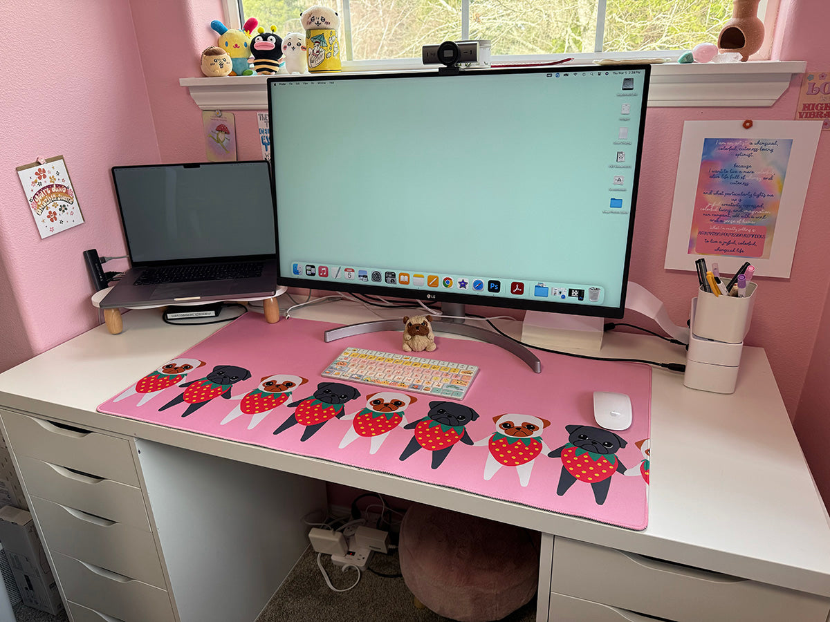 Strawberry Pugs Gaming Mouse Pad - Cute Desk Decor Featuring Strawpuggies