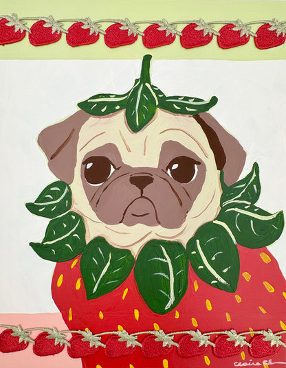 Strawberry Pug - Original Pug Painting - 100 Paintings Unleashed no. 21