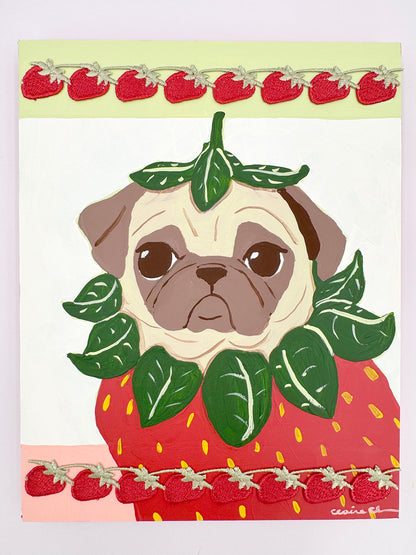 Strawberry Pug - Original Pug Painting - 100 Paintings Unleashed no. 21