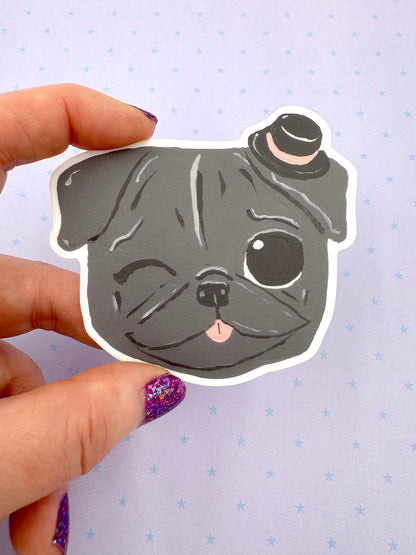 Tiny Top Hat - Black Pug - Cute Pug Vinyl Sticker