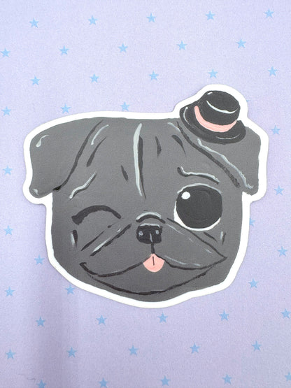 Tiny Top Hat - Black Pug - Cute Pug Vinyl Sticker