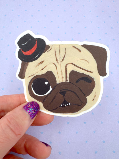 Tiny Top Hat - Fawn Pug - Cute Pug Vinyl Sticker