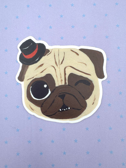 Tiny Top Hat - Fawn Pug - Cute Pug Vinyl Sticker