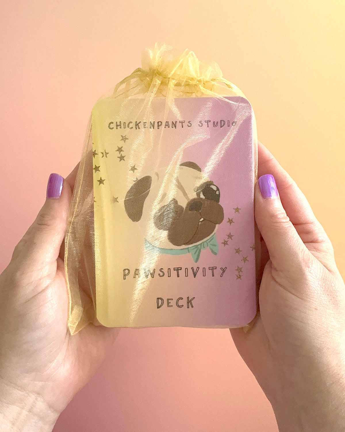 A person holds a pastel pink and yellow deck of cards wrapped in sheer yellow organza packaging. The front of the package features an illustration of a pug wearing sunglasses and the text 'CHICKENPANTS STUDIO' and 'PAWSITIVITY DECK'.